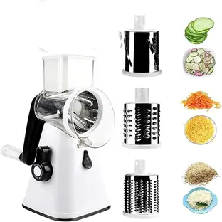 Cortador multifuncional manual con manivela y tambores de cortar, rallar y laminar, junto a verduras y frutas