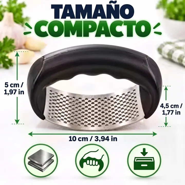 Tamaño compacto: la prensa de ajos mide 10 cm de largo, 5 cm de alto y 4,5 cm de ancho, con iconos de la placa de acero, el mango y el cajón